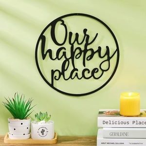 Our Happy Place beautifully designed sign 11.2” in diameter. Black metal sign.
